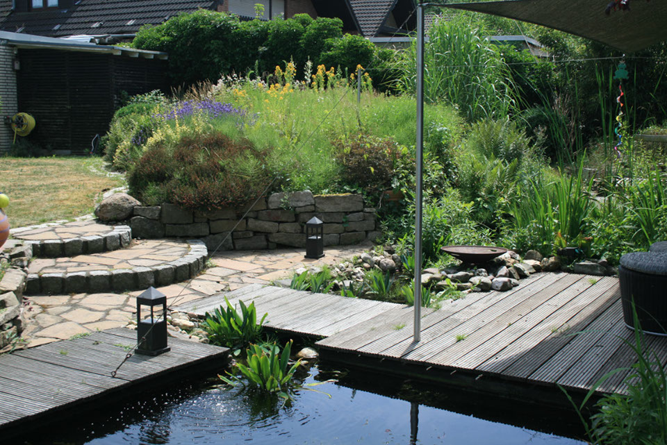 der Teich versteckt sich hinter dem Staudenhuegel, Gartenbau, Gartenplanung, Wesel