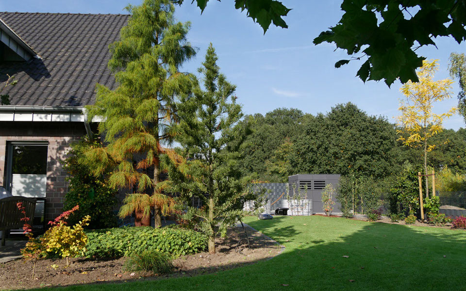Ostseite mit Blickrichtung Nutzgarten, Naschgarten, organische Beetformen, Gartendesign, Gartengestaltung, Gartenplanung, Wesel, Gilhaus