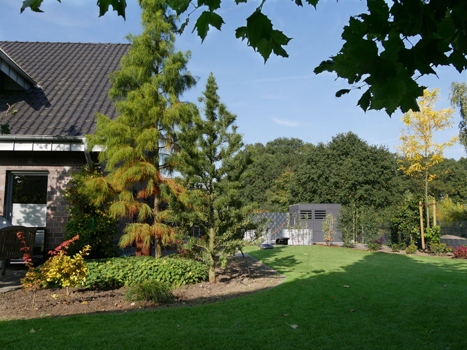 Ostseite mit Blickrichtung Nutzgarten, Naschgarten, organische Beetformen, Gartendesign, Gartengestaltung, Gartenplanung, Wesel, Gilhaus